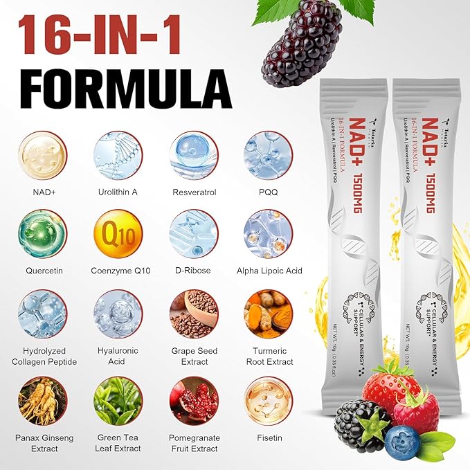 NAD Liquid Supplement 1500mg, Extra Strength NAD+, Resveratrol, Urolithin A, PQQ 16-in-1 Formula with Nicotinamide Riboside for Anti Aging, Energy, Immune, Focus for Men & Women (30 Packets)