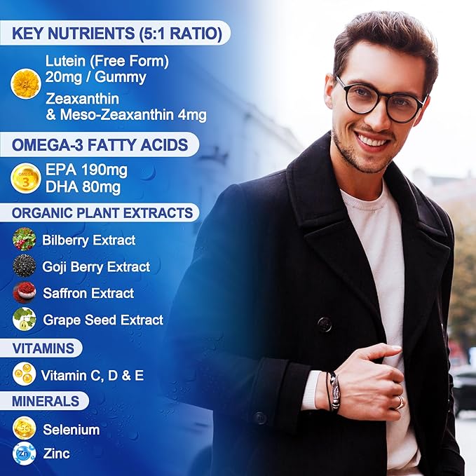 Sugar Free Lutein 20mg 40mg and Zeaxanthin Gummies for Eyes with Omega 3 (EPA 190mg & DHA 80mg), Lutein Supplements Eye Vitamins Filled Gummies Plus Bilberry, Goji Berry & Saffron, Vegan - 60 Count