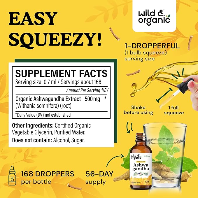 Wild & Organic Ashwagandha Drops - Mood Support Supplement w/Ashwagandha Root Extract - Liquid Drops for Calm Mind - Relaxation Supplements - Sugar & Alcohol-Free - 4 fl oz