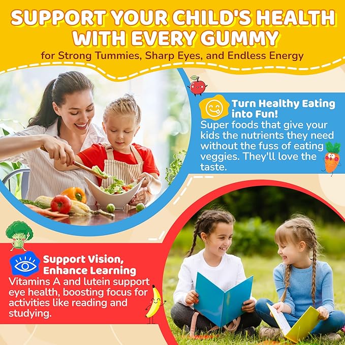 Probiotics for Kids Teen + Veggie & Fruit Fiber Gummies, with 12 Billion CFU Probiotic, Organic Inulin Prebiotics Fiber, Methyl B12 B6 C for Children's Digestive & Gut, Immune Health, Sugar Free,60Cts