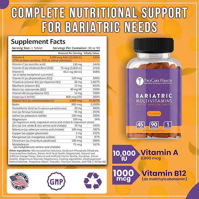 ProCare Health Bariatric Multivitamin with Iron 45mg (90 Easy to Swallow Tablets) - Post Op Bariatric Vitamins for Gastric Bypass Pills for Sleeve Patients, Sustains Recovery & Energy (3 Month Supply)