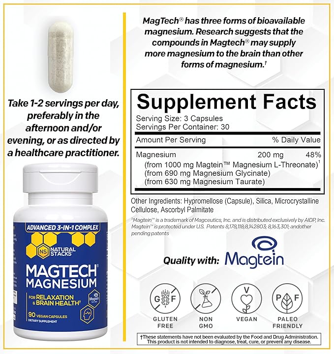 NATURAL STACKS Apigenin for Sleep + Magtech Magnesium Supplement Bundle - Supports Sleep & Brain Health* - 210 Total Capsules
