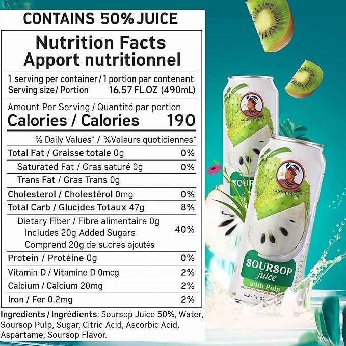 Choucoune Soursop Juice Cane - 100% Real Guanabana Drink with Pulp - No Concentrate, No Artificial Coloring - Sugar-Free, All-Natural Juice for a Healthy Lifestyle - Refreshing 16.57 Fl Oz(Pack of 12)
