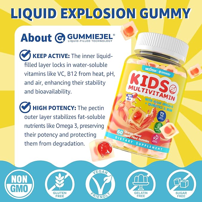 Kids Multivitamin Gummies with Iron, Sugar Free, Kids Daily Vitamins + Probiotics, Algae Omega 3 (EPA/DHA), A, C, D, Methyl B12, Folate, B6, Zinc, Biotin, for Healthy Growth, Immune Support, 60 Count