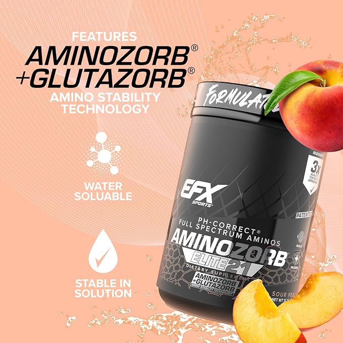 EFX Sports Aminozorb Elite 21 | PH-Correct, Full Spectrum Aminos + Glutamine | Essential & Non Essential Aminos | Zero Sugars | 30 Servings (Sour Peach)