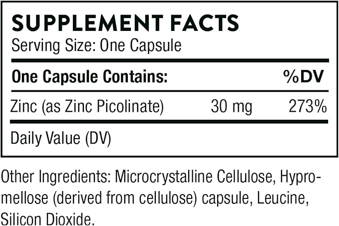 THORNE - Zinc Picolinate 30 mg - Well-Absorbed Zinc Supplement for Growth and Immune Function* - 60 Capsules