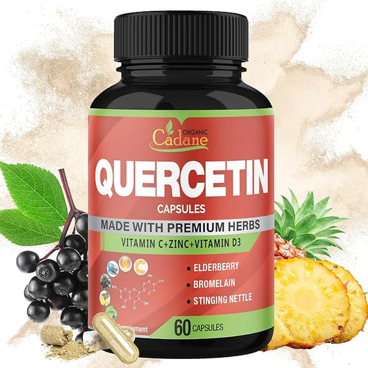 Organic Cadane Quercetin Extract Capsules - Combined with VitC, Zn.C, VitD3, Elderberry, Bromelain, Nettle, Ginger, Echinacea, Garlic, Pepper - 60 Capsules