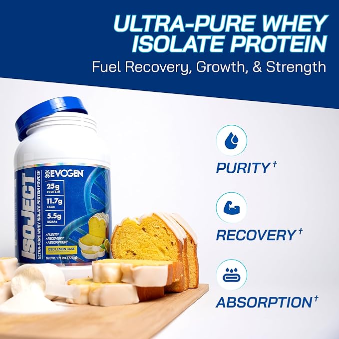 Evogen Isoject - Whey Protein Isolate | Ultra-Pure Whey Protein Powder with Ignitor Enzymes, BCAAs, and EAAs | Enhanced Absorption & Recovery | Ice Lemon Cake | 25 Servings