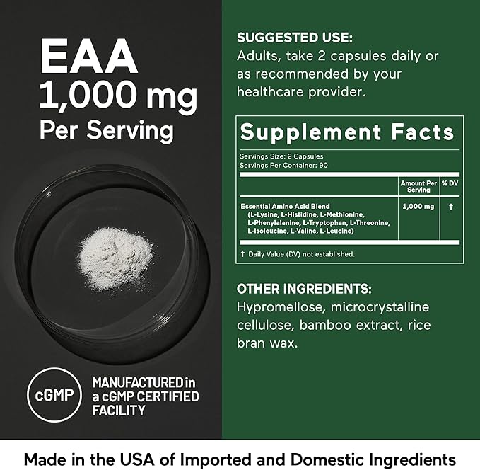SMARTERNUTRITION Essential Amino Acids (EAA) Capsules - 1 Gram Per Serving of All 9 EAAs - Supports Muscle Mass & Exercise - Non-GMO, Vegan, Gluten Free - 180 Count[90-Day Supply]