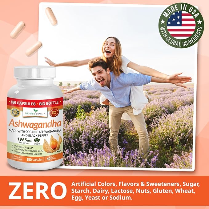 UDAF Verified Organic Ashwagandha with Black Pepper - 180 Capsules - 1965mg Extra Strength for Stress, Sleep, Mood, Thyroid, Focus, Hair, Vegan Pure Root Extract Powder - Men and Women Supplements