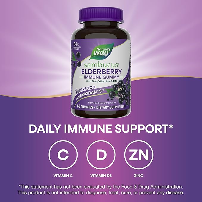 Nature's Way Sambucus Elderberry Immune Gummies, Daily Immune Support for Kids and Adults*, with Vitamin C, Vitamin D3, Zinc, Gluten Free, Vegetarian, 60 Gummies (Set of 3)