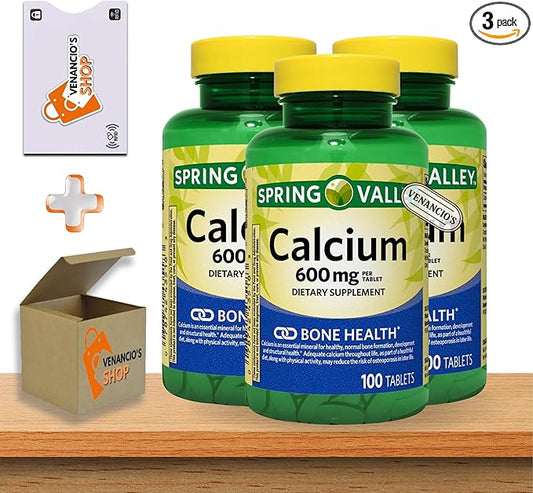 Calcium 600 mg Tablets • Bone & Muscle Health • Supports Strong Bones • Dietary Supplement • 100 Count by Spring Valley + Vena’s Sticker (Pack of 3)