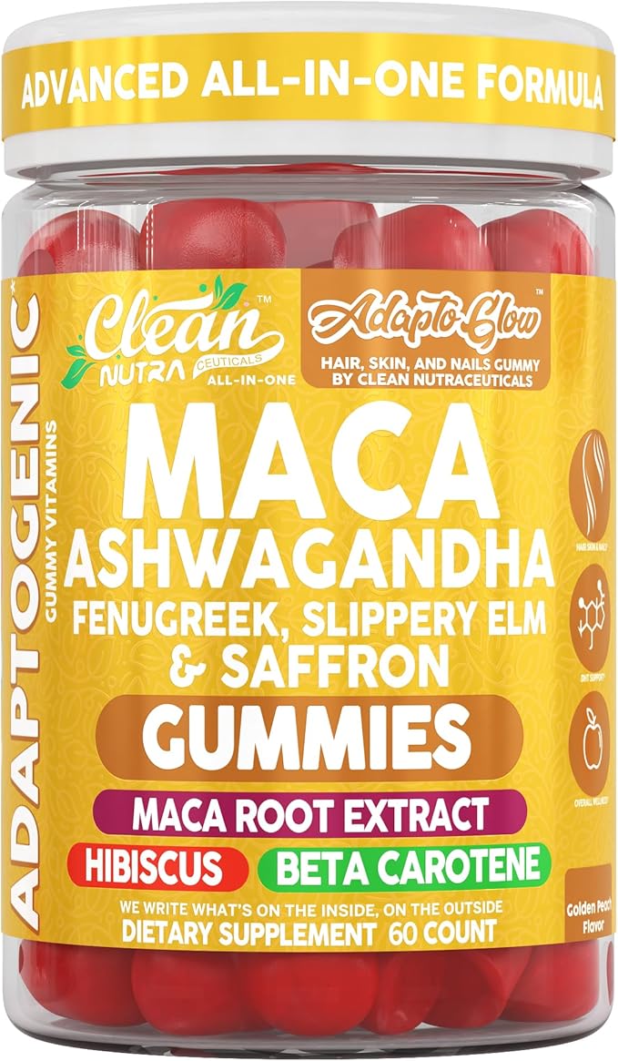 Clean Nutra Maca Root Gummies Ashwagandha Fenugreek Slippery Elm Saffron Hibiscus Beta Carotene Vitamin A for Women Macaroot Extract 60 Gummies Vegan Adaptogen Supplement Gummy Non GMO