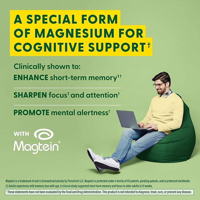 MegaFood Magtein Magnesium L-Threonate - Magnesium Supplement 2000mg Per Serving - Supports Short-Term Memory, Focus, Alertness & Normal Sleep Cycles - Vegan, Gluten Free - 90 Capsules, 30 Servings