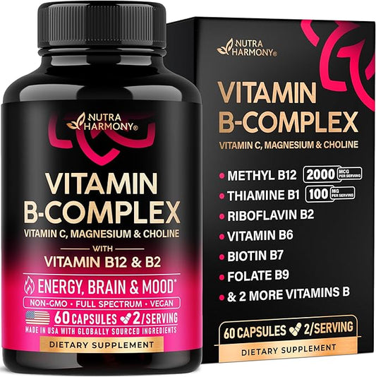Riboflavin B2 + Vitamin B Complex for Men & Women - B12, B1, B3, B5, B6, B7, B8, B9 | Vitamin C, Choline, Inositol - B-Complex Supplement - Energy, Brain & Heart Support - Made in USA, 60 Vegan Caps