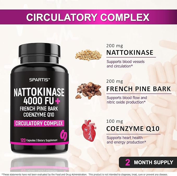 Nattokinase Supplement 4000 FU CoQ10 100mg French Maritime Pine Bark Extract 200mg with Enzymes for Circulatory & Cardiovascular Support (Pack of 1 at 120-Caps)