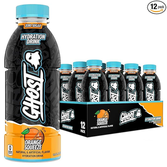 GHOST Hydration Drink, Orange Squeeze - RTD Sports Drink with Electrolytes, Natural Vitamins & Minerals - All Day Lifestyle Hydration Beverage - Zero Caffeine & Zero Sugars - 16.9 Fl Oz, 12 Pack