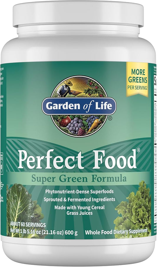 Garden of Life Perfect Food Super Green Formula - 60 Servings, 45 Superfoods, Greens, Fruit & Veggie Juice Superfood Powder Supplement, Probiotics & Organic Spirulina for Digestion & Immune Health