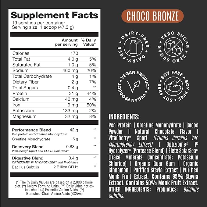 Falcon Performance Vegan Protein Powder, 31g Protein, 5g Creatine, 5g BCAA, Probiotics, Electrolytes, Pre Workout, Low Carb, Sugar Free & Dairy Free, Plant Based Chocolate Protein -19 servings