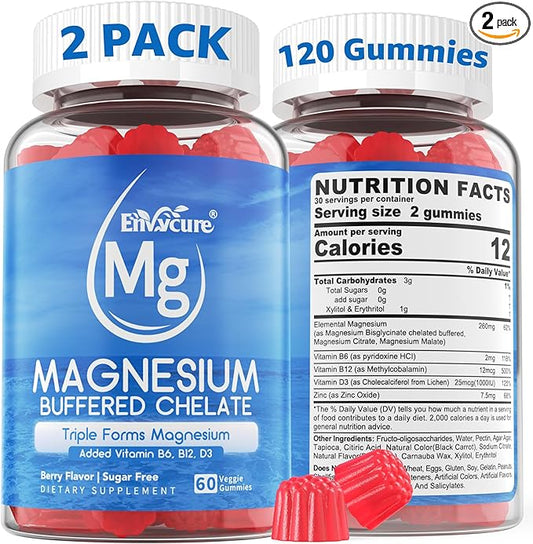 Magnesium Gummies - Triple Magnesium Complex, Magnesium Glycinate Gummies | Magnesium Glycinate, Malate, Citrate w/ D3 B6 B12, for Calm, Sleep & Muscle Cramp | High Absorption | Vegan, 2 Pack