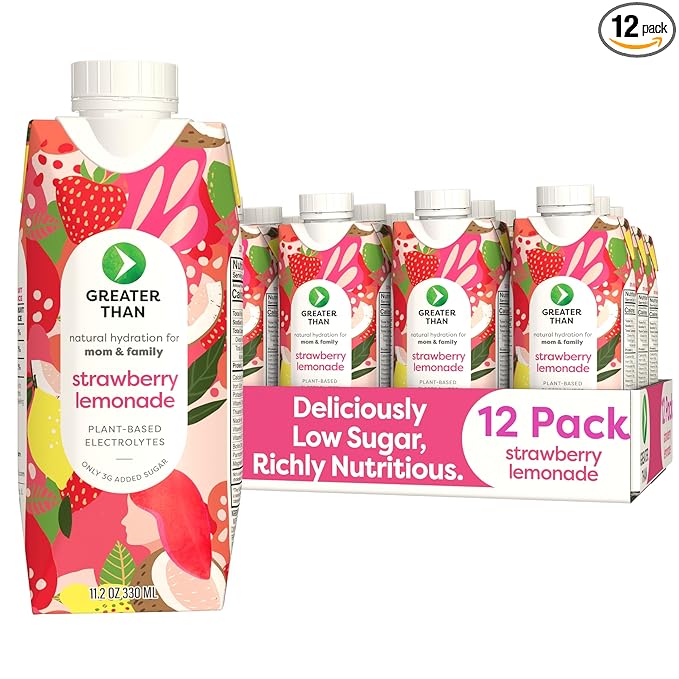 Greater Than Nutrient Hydration Beverage, Electrolyte Drink for Gut Health & Energy with Coconut Water, Vitamins, Gluten Free, Plant Based, Low Sugar for Moms and Families, Strawberry Lemonade, 12 Pack