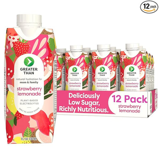 Greater Than Nutrient Hydration Beverage, Electrolyte Drink for Gut Health & Energy with Coconut Water, Vitamins, Gluten Free, Plant Based, Low Sugar for Moms and Families, Strawberry Lemonade, 12 Pack