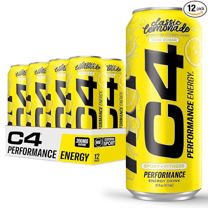 C4 Energy Drink, Lemonade Limited Edition Carbonated, Sugar Free Pre Workout Performance Drink with no Artificial Colors or Dyes, 16oz Pack of 12