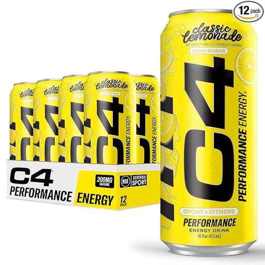 C4 Energy Drink, Lemonade Limited Edition Carbonated, Sugar Free Pre Workout Performance Drink with no Artificial Colors or Dyes, 16oz Pack of 12