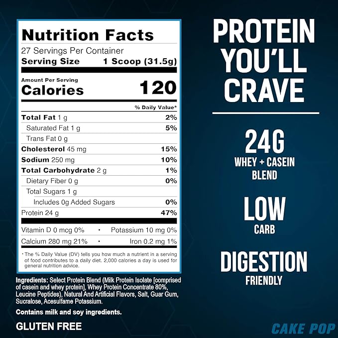 PEScience Select Protein Powder, Whey and Casein Blend, Clean Protein Powder for Women and Men, Low Calorie, Low Carb, Keto Friendly, Gluten Free - Cake Pop - 27 Servings