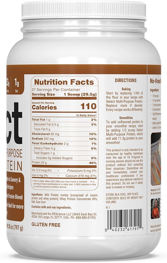 PEScience Select Multi-Purpose Unflavored Protein Powder, Low Carb, Keto Friendly, Gluten Free, Whey and Casein Blend, Protein Powder for Baking and Smoothies - Unflavored - 27 Servings
