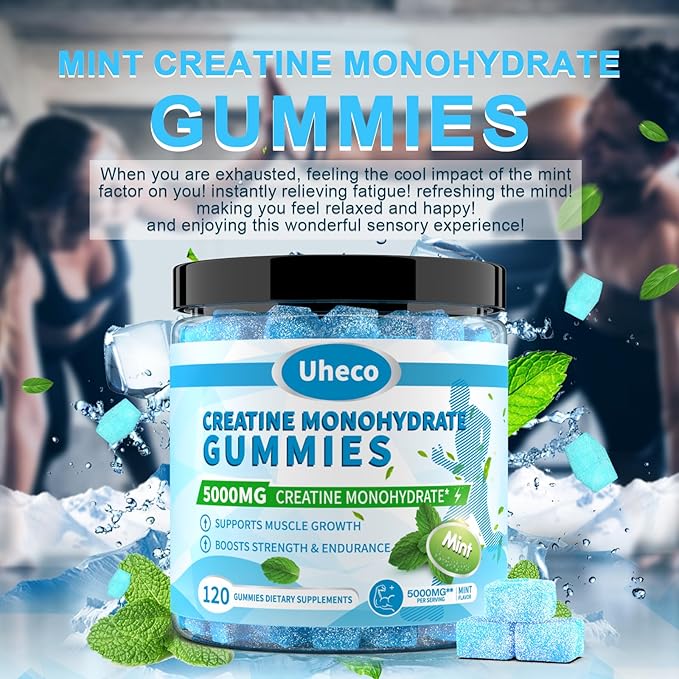 Mint Flavor Creatine Monohydrate Gummies for Men & Women,Contains L-Taurine + Vitamin B12, Betaine, L-Citrulline for Improve Exercise Endurance, Muscle Strength -120 Count