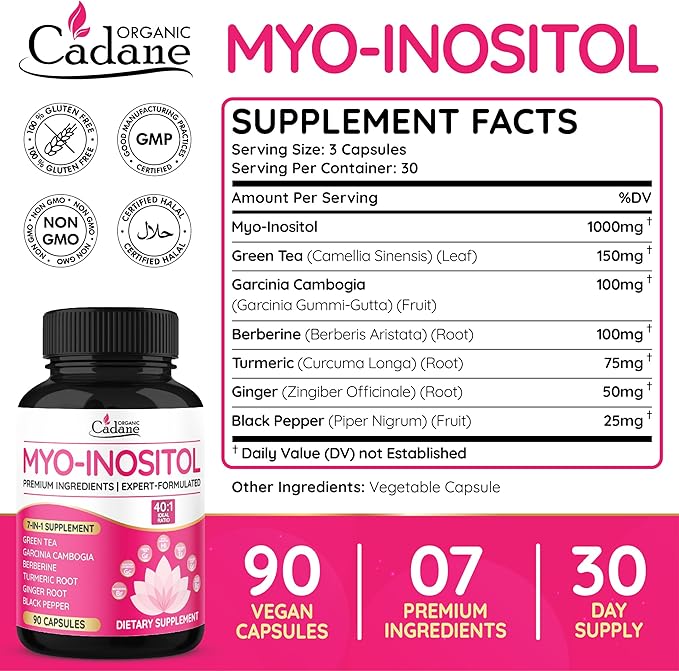 Organic Cadane Myo Inositol & Green Tea Capsules with Garcinia Cambogia, Berberine, Turmeric, Ginger, and Black Pepper | Supports Body Balance & Digestive | Vegan, Non-GMO - 90 Capsules