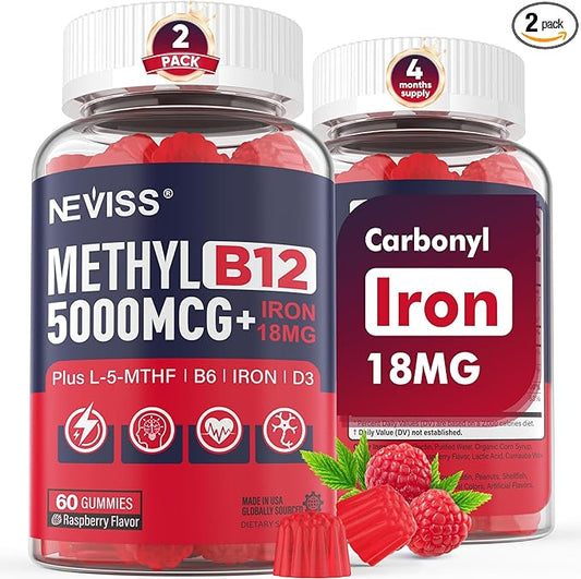 Methyl B12 Vitamins 5000 mcg Gummies + Iron 18 mg for Women Men - Active Methylcobalamin Methylated B12 Vitamin Supplement w/L-MethylFolate, B6 (P5P) & D3 for Energy & Focus Support, 120 Servings