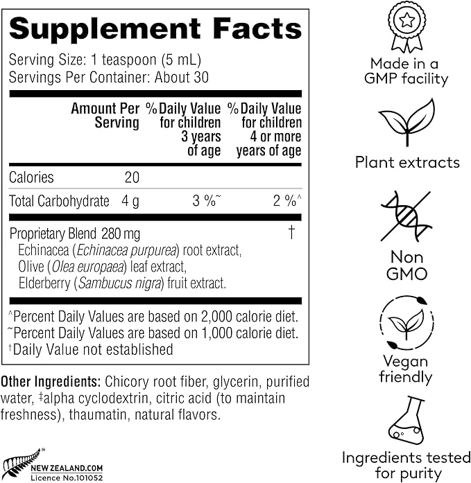 Children’s Immune + Wellbeing Syrup, Liquid Herbal Immune Support for Kids with Echinacea, Elderberry & Olive Leaf, Natural Elderberry Flavor, Plant-Based, Ages 3 to 12, 5.1 fl oz