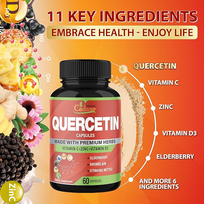 Organic Cadane Quercetin Extract Capsules - Combined with VitC, Zn.C, VitD3, Elderberry, Bromelain, Nettle, Ginger, Echinacea, Garlic, Pepper - 60 Capsules