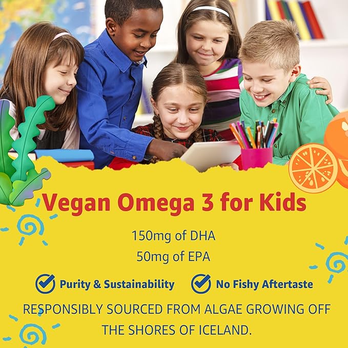 Kids Multivitamin Gummies with Iron, Sugar Free, Kids Daily Vitamins + Probiotics, Algae Omega 3 (EPA/DHA), A, C, D, Methyl B12, Folate, B6, Zinc, Biotin, for Healthy Growth, Immune Support, 60 Count