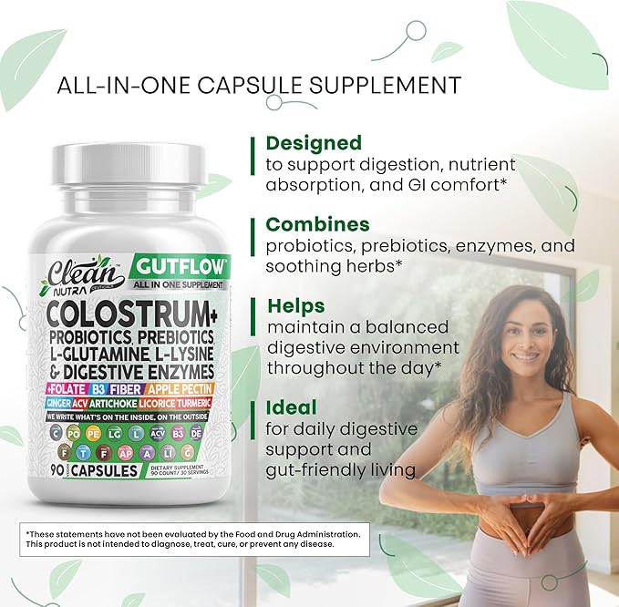 Clean Nutraceuticals Colostrum Supplement Capsules Probiotics Pills Prebiotics, L-Glutamine, Digestive Enzymes, Folate, Fiber, ACV, Turmeric, Apple Pectin and Turmeric Pills