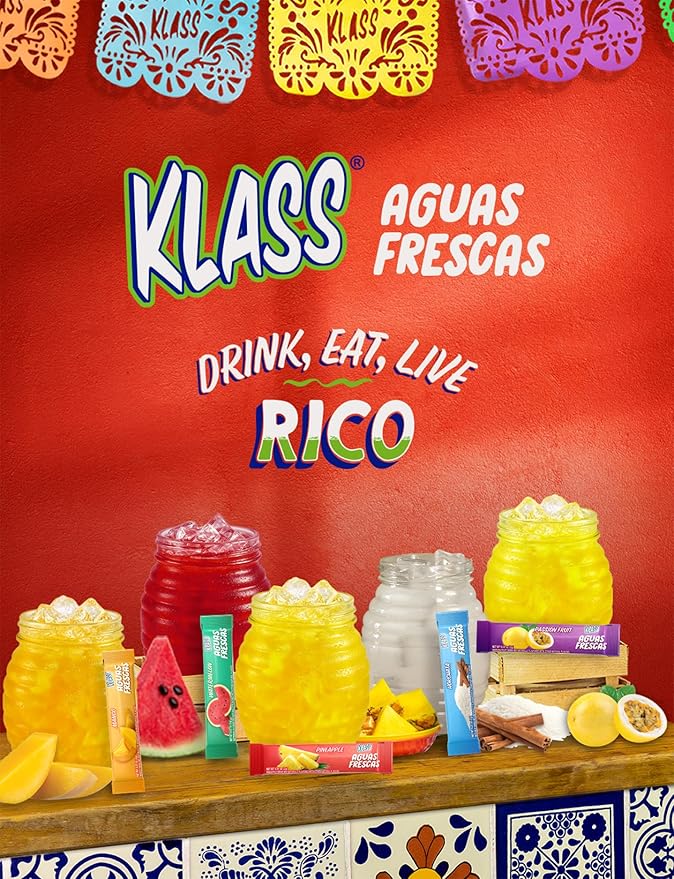 Klass Aguas Frescas Powdered Drink Mix | 44 Sugar Free Powder Packets | Flavors - Mango Watermelon Pineapple & Passionfruit - Water Enhancer To Go!