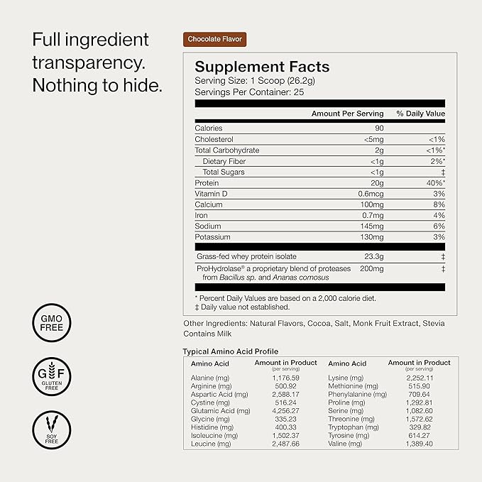 Momentous Essential Grass-Fed Whey Protein Isolate, 24 Servings Per Pouch for Essential Everyday Use, Gluten-Free, NSF Certified (Chocolate)