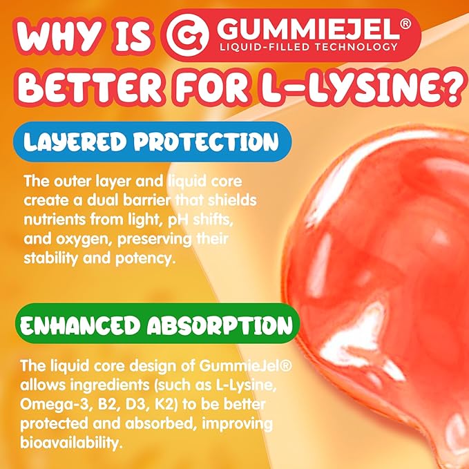 L-Lysine Gummies 500/1000mg with Algae Omega 3, Vitamin B2, D3, K2, C for Adults & Kids 9+, Lysine Supplement Support Immune, Lip & Oral, Collagen Production, Brain, Bone Health, Sugar Free 1Pack