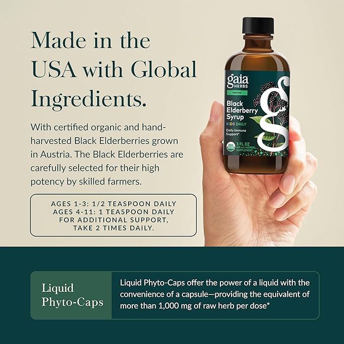 Gaia Herbs GaiaKids Black Elderberry Syrup - Delicious Immune Support Supplement for Kids - with Organic Black Elderberries and Honey - USDA Certified - 3 Fl Oz