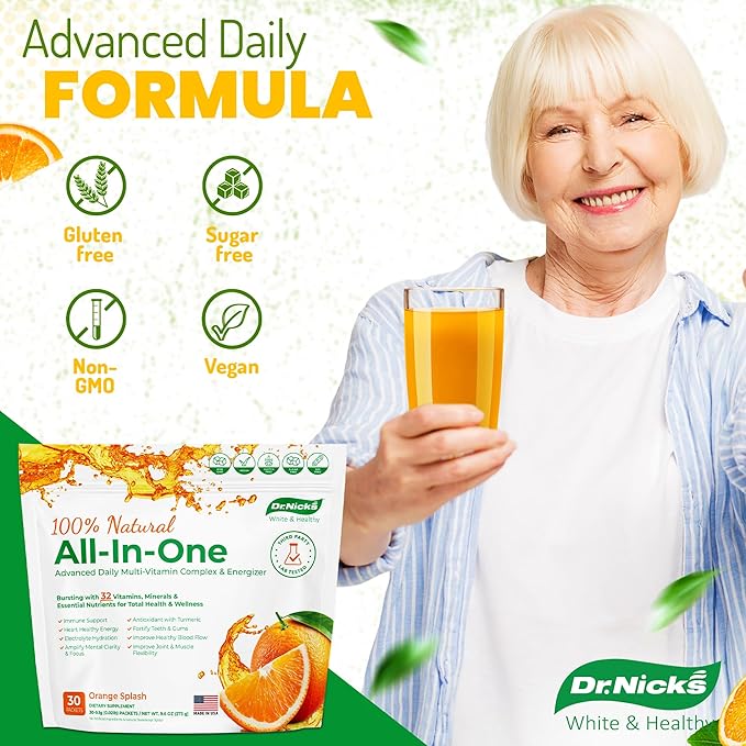 Dr. Nick's Multivitamin Powder for Women and Men, 30 Pack, Orange Splash, Multivitamin for Women with 32 Vitamins and Minerals, Sugar Free, Non-GMO, Vegan, Gluten-Free, Potent Probiotics, Antioxidant