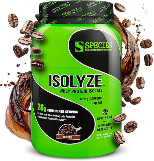 Species Nutrition Isolyze Whey Protein Powder, 100% Whey Isolate for Muscle Building, 27.5g Protein Per Scoop, No Sugar & Low Fat (Coffee, 22 Servings)