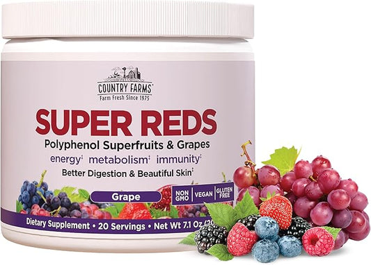 Country Farms Super Reds, Energizing Polyphenol Superfood, 40 Super Fruits and Berries, Powerful Antioxidants and Polyphenols, Supports Energy and Immunity, 20 Servings, Grape Flavor