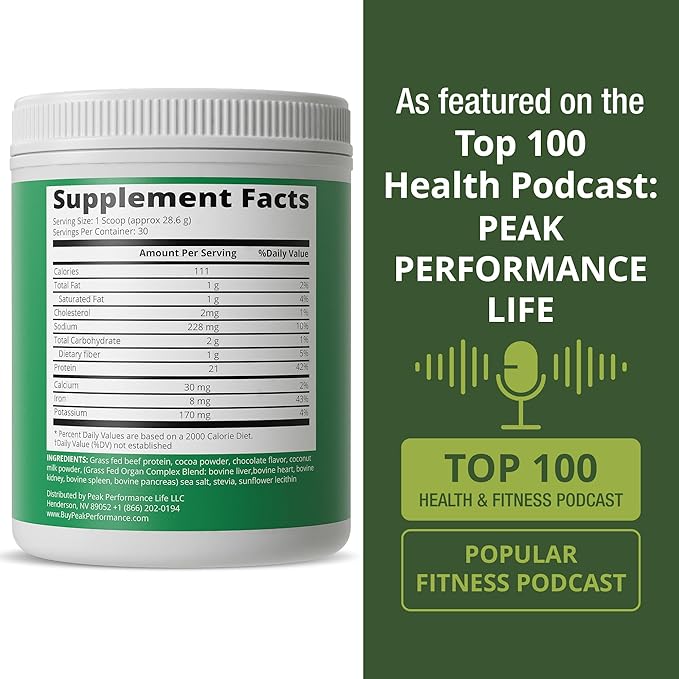 Grass Fed Beef Protein Powder + Organ Complex. Lactose Free Great Tasting Beef Protein Isolate + Organs. Animal Based Non Dairy No Whey Paleo Carnivore Supplement for Muscle Building. Chocolate Flavor