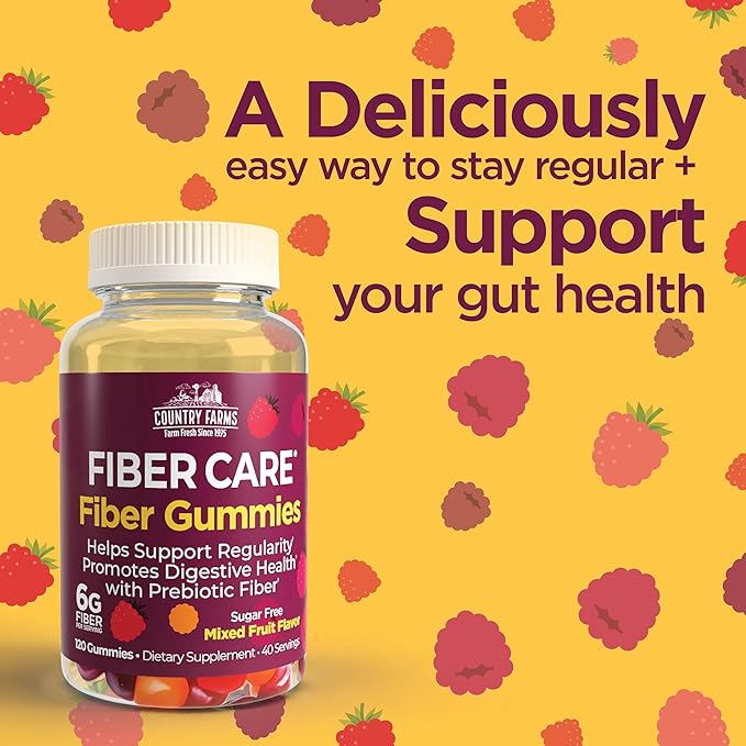 Country Farms Fiber Care Prebiotic Gummies, 6g of Fiber Per Serving, GLP-1 Booster, FOS from Beets, Digestive Health, Supports Regularity, Mixed Fruit Flavor, 120 Gummies, 40 Servings