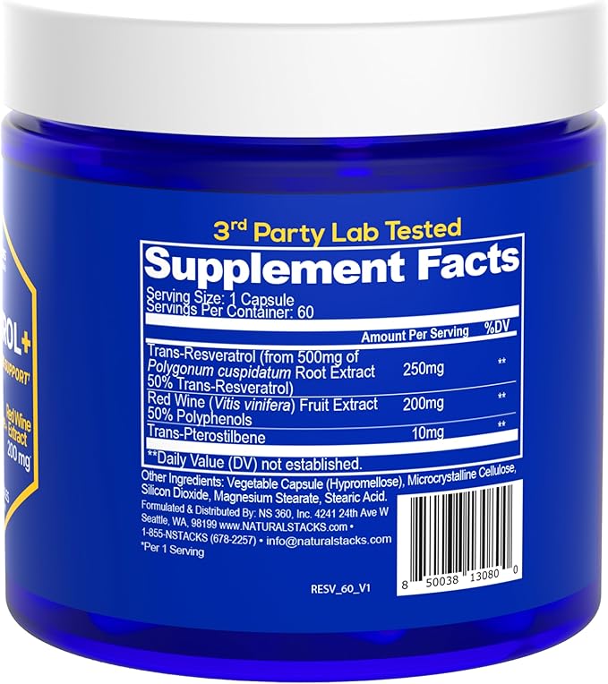 Resveratrol Supplement - 250mg Trans-Resveratrol & 10mg Trans-Pterostilbene - Antioxidants Supplement with 200mg Red Wine Extract - Extra Strength Aging Support - 60 Japanese Knotweed Capsules