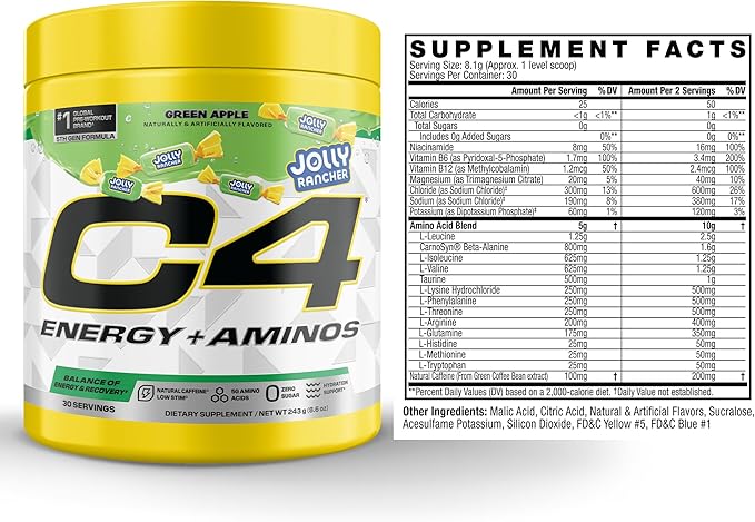 Cellucor C4 Energy + Aminos Powder | Jolly Rancher Green Apple | 5g BCAAs & EAAs for Muscle Recovery, 3 Electrolytes for Hydration, 100mg Natural Caffeine | Pre Workout | Zero Sugar, 30 Servings