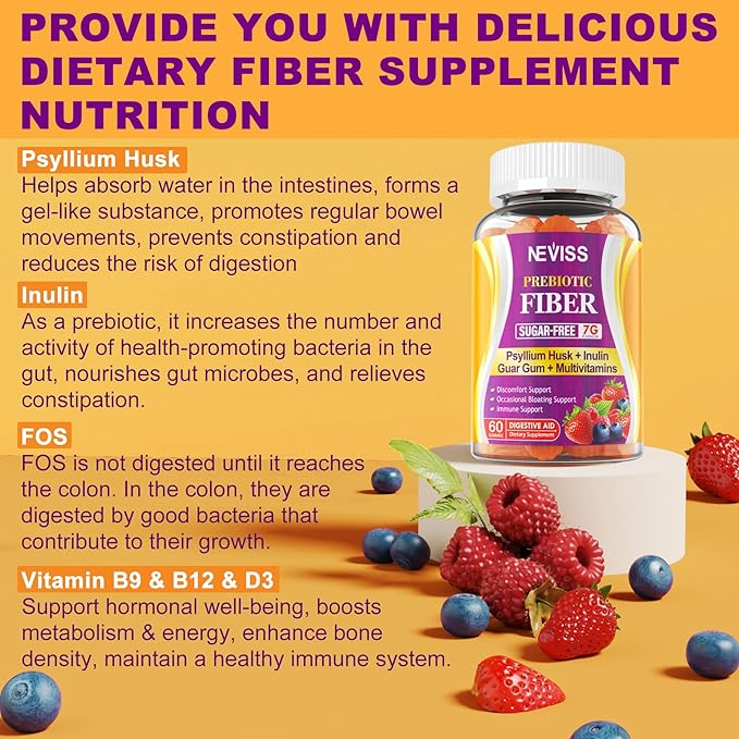 Fiber Gummies for Adults with Psyllium Husk, 7G(Soluble + Insoluble) Daily Prebiotic Fiber with Inulin, FOS, Guar Gum, Multivitamins for Daily Digestive Health, Regularity Support,Sugar Free,Pack of 2