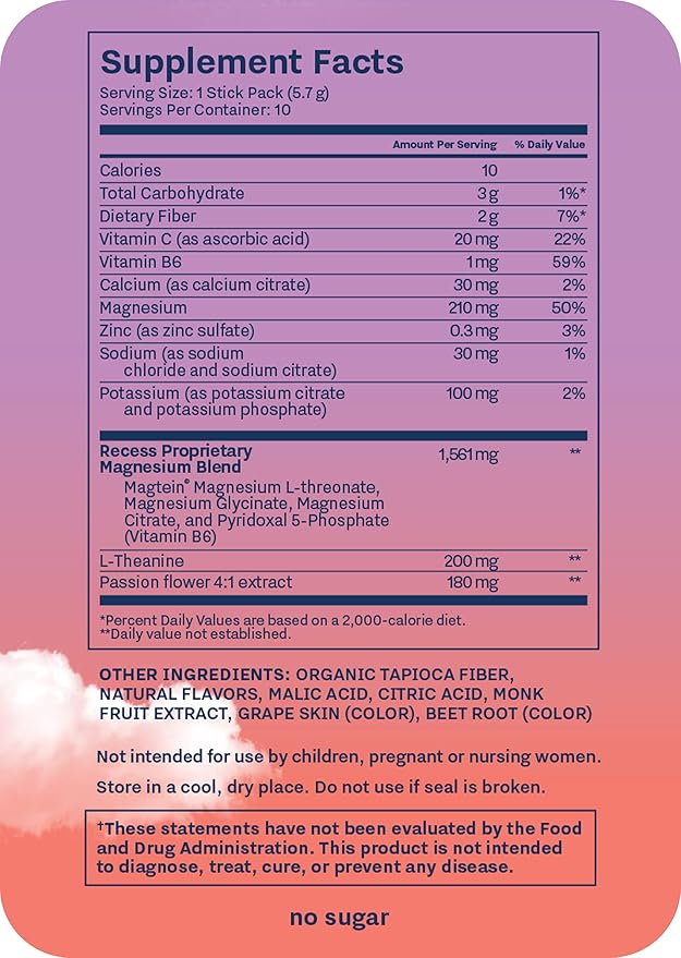 Recess Mood Powder, Calming Magnesium L-Threonate Blend with Passion Flower, L-Theanine, Electrolytes, Magnesium Calm Support Supplement - Gradient Berry Pack of 10